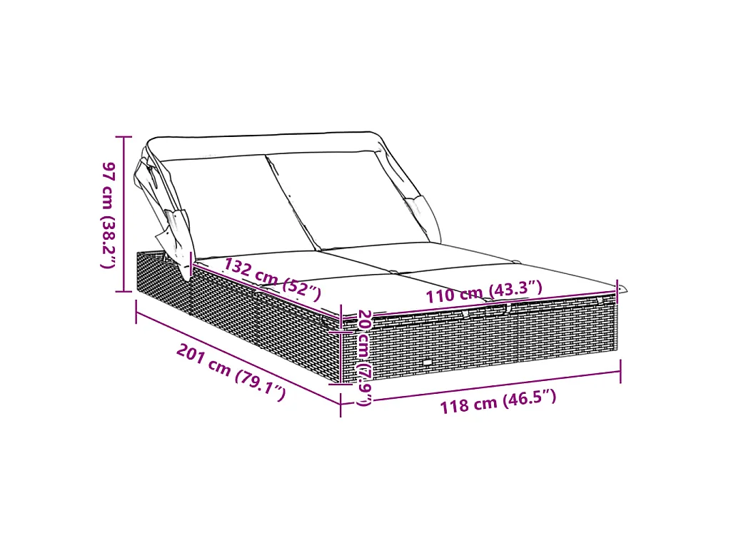 2-Personen-Sonnenliege mit Dach Braun 213x118x97 Poly Rattan