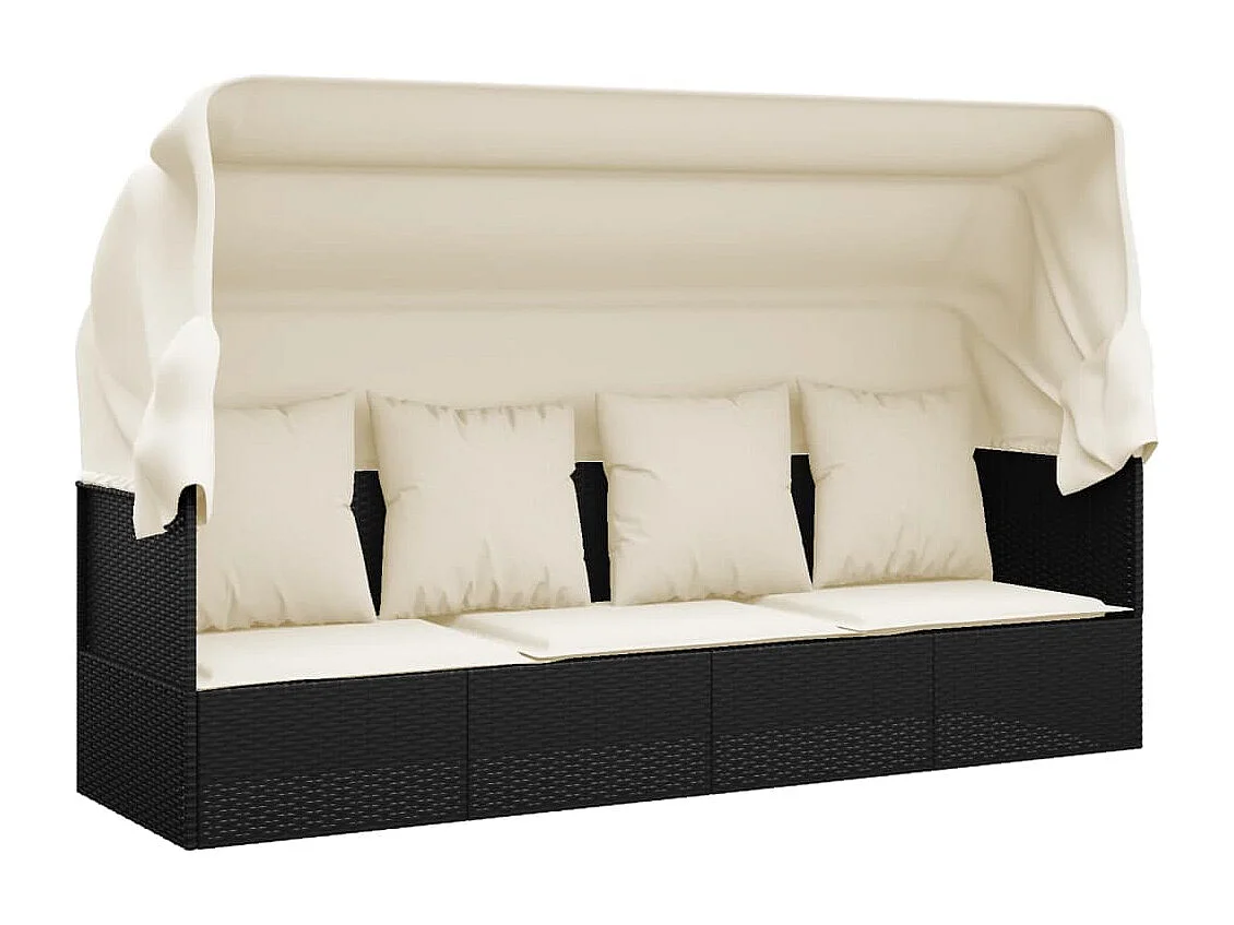 Lettino Prendisole Esterno con Tetto e Cuscini Nero Polyrattan