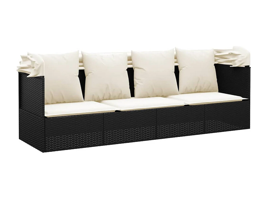 Lettino Prendisole Esterno con Tetto e Cuscini Nero Polyrattan