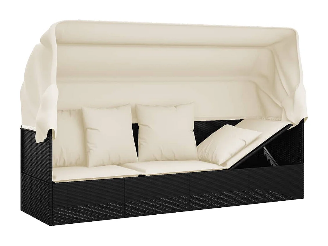 Lettino Prendisole Esterno con Tetto e Cuscini Nero Polyrattan