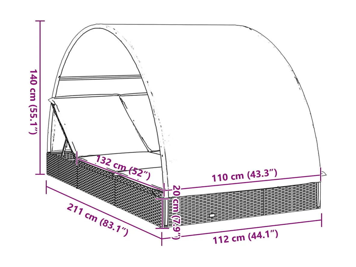 Transat 2 places avec toit rond noir 211x112x140 cm
