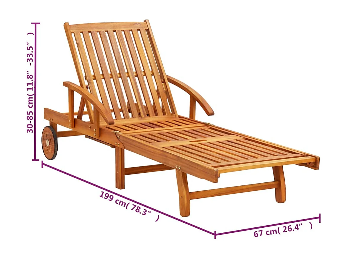 Chaises longues lot de 2 avec table et coussins Acacia solide