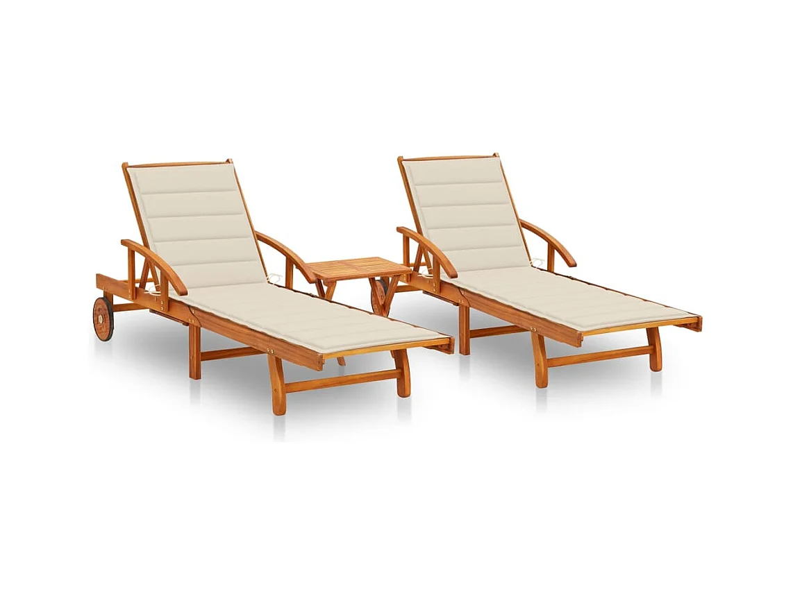 Ligstoelen 2 st met tafel en kussens massief acaciahout