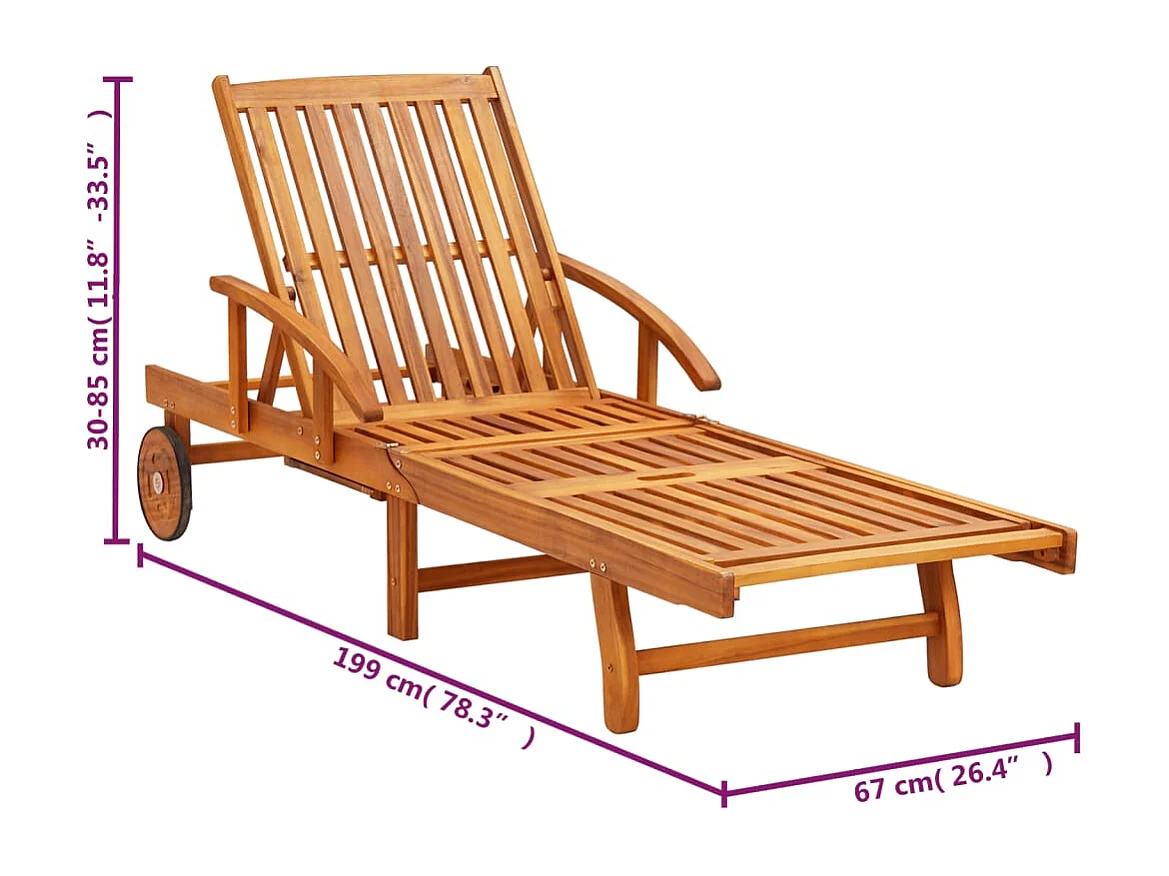 Chaises longues lot de 2 avec table et coussins Acacia solide