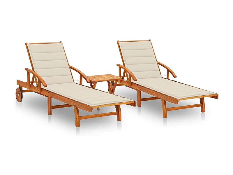 Ligstoelen 2 st met tafel en kussens massief acaciahout