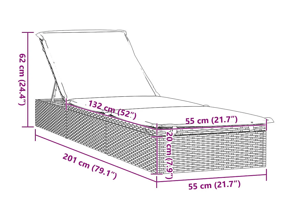 Ligbed met kussen 1 st 201x55x62 cm poly rattan grijs