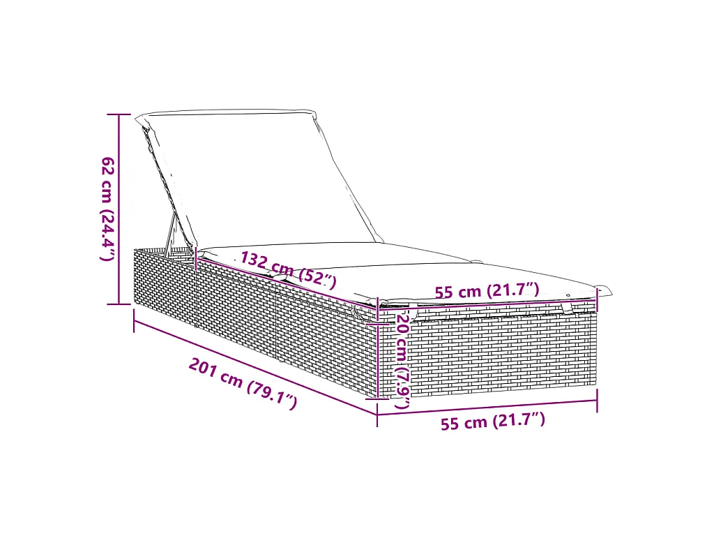 Lettino 1 pz con Cuscino Grigio 201x55x62 cm in Polyrattan