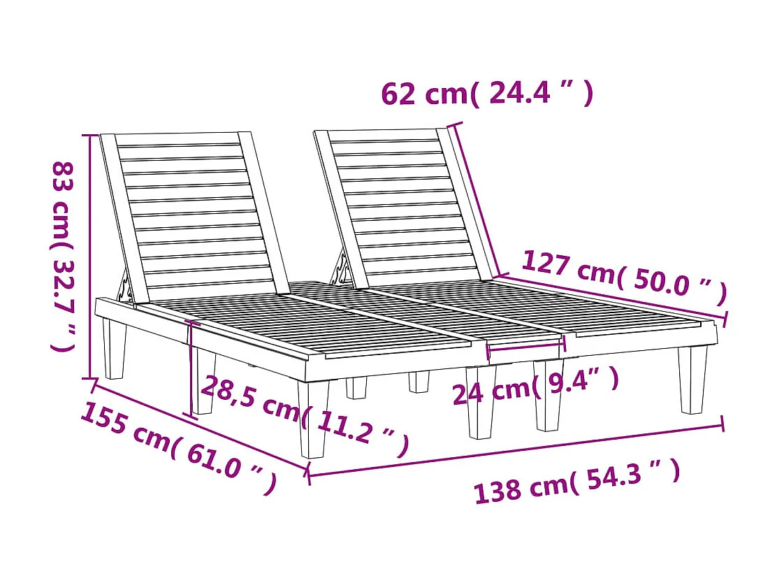 Espreguiçadeira dupla 155x138x83 cm polipropileno preto