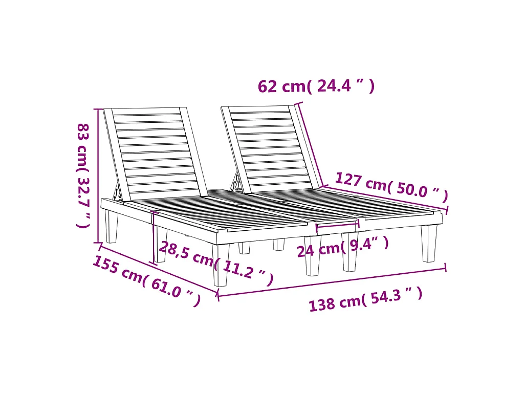 Chaise longue double noir 155x138x83 cm polypropylène
