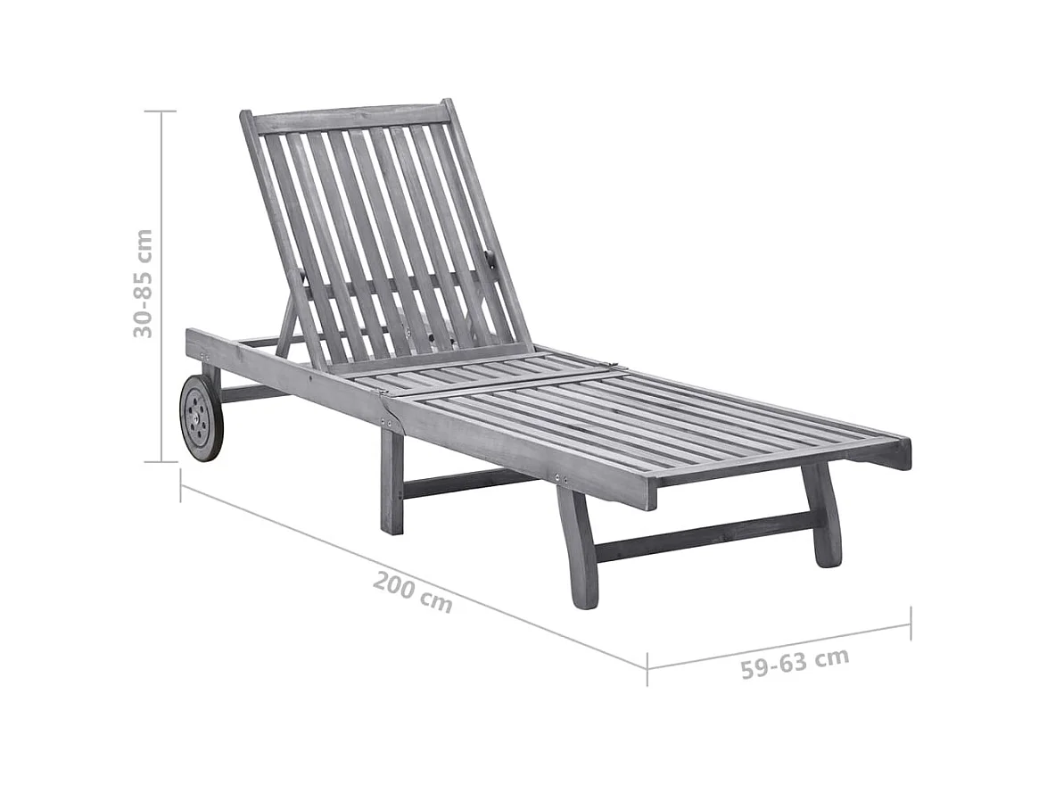 Szara leżanka ogrodowa z litego drewna akacjowego z wygodnym poduszką i regulowanym oparciem