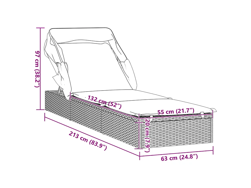 Transat avec toit pliable gris 213x63x97 cm résine tressée
