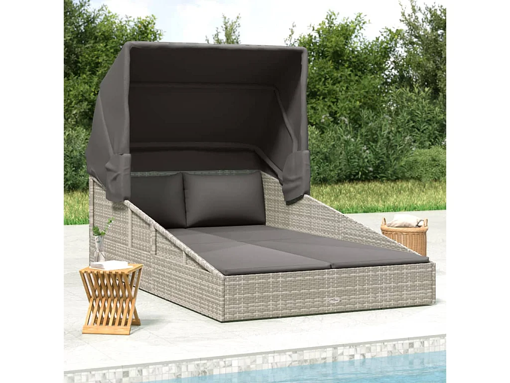 Sonnenliege mit Faltdach Grau 200x114x128 cm Poly Rattan