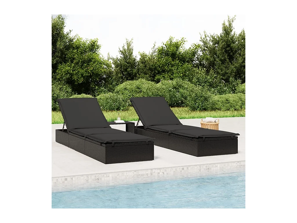 Chaise longue 1 pc avec coussin noir 201x55x62cm résine tressée