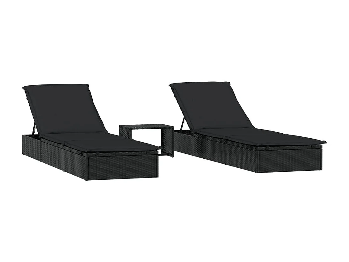 Sonnenliegen 2 Stk. mit Tisch Schwarz Poly Rattan