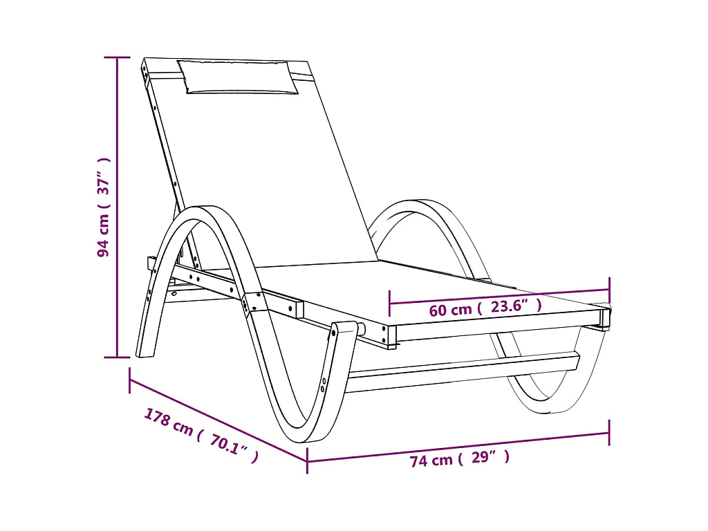 Chaise longue avec coussin blanc textilène/bois massif peuplier