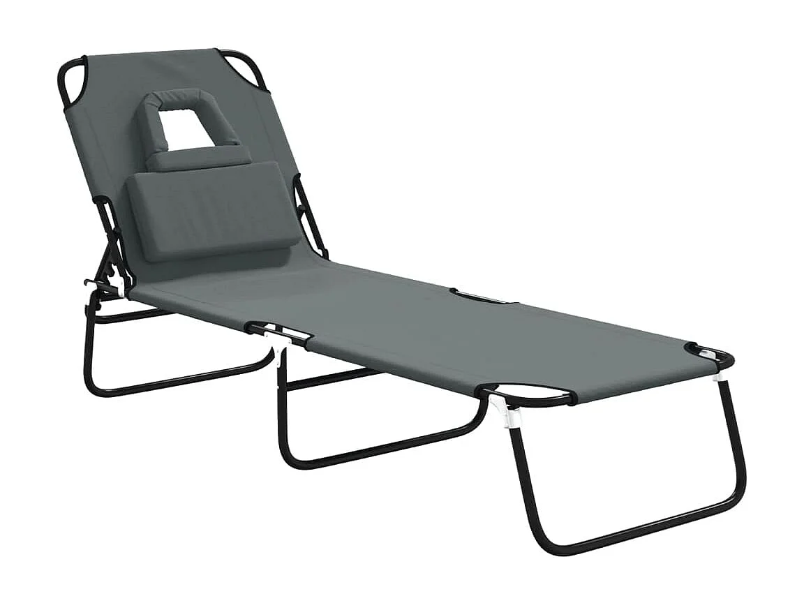 Chaise longue pliante gris tissu oxford acier enduit de poudre