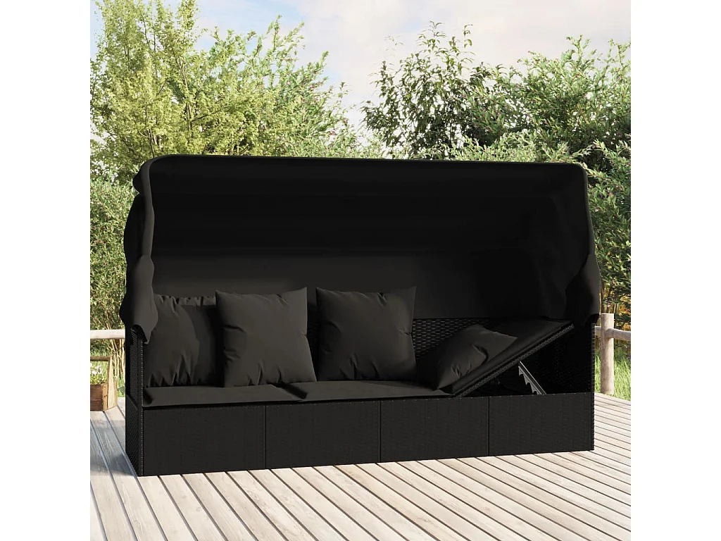 Outdoor-Loungebett mit Dach und Kissen Schwarz Poly Rattan