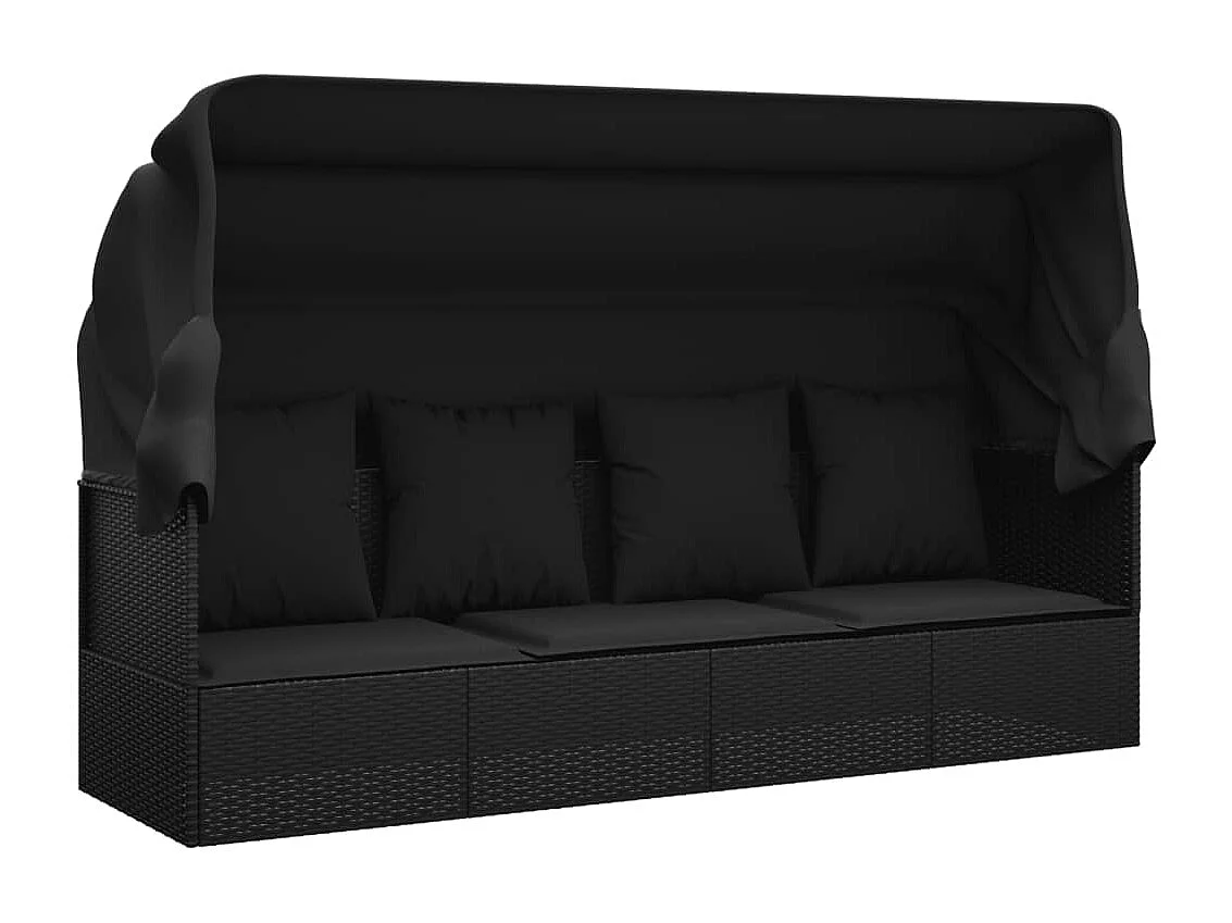 Outdoor-Loungebett mit Dach und Kissen Schwarz Poly Rattan
