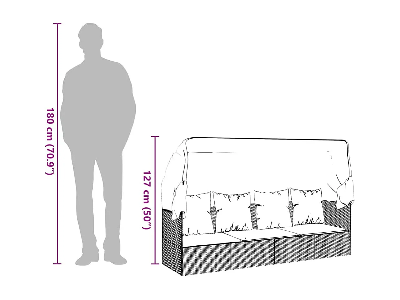 Outdoor-Loungebett mit Dach und Kissen Schwarz Poly Rattan