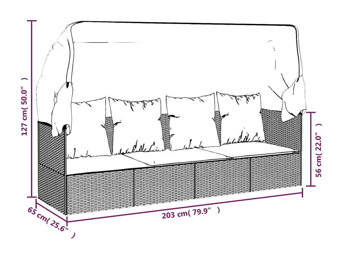 Outdoor-Loungebett mit Dach und Kissen Schwarz Poly Rattan