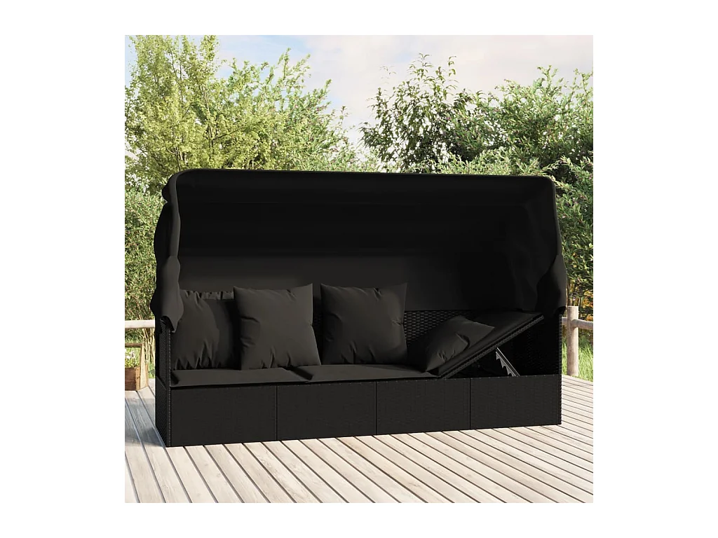 Outdoor-Loungebett mit Dach und Kissen Schwarz Poly Rattan