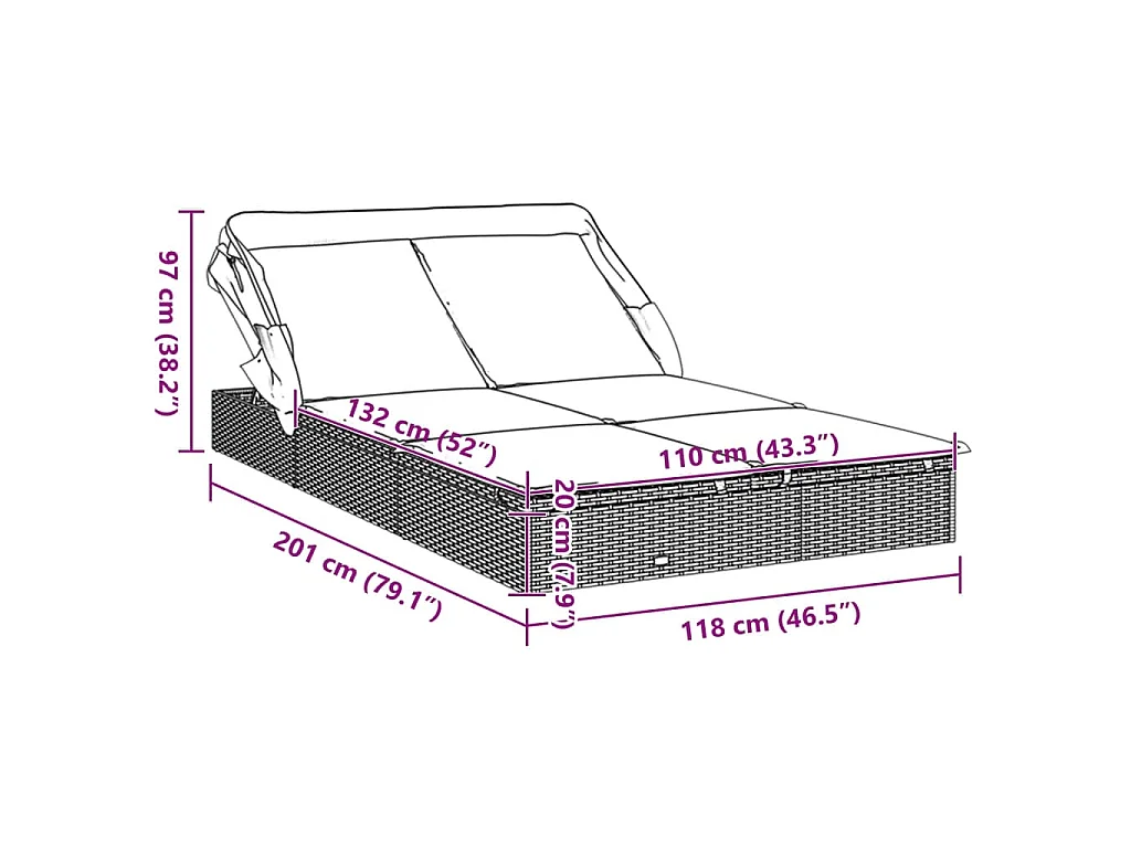 2-Personen-Sonnenliege mit Dach Schwarz 213x118x97 Poly Rattan