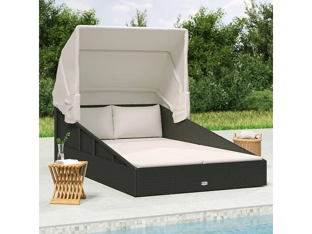 Sonnenliege mit Faltdach Schwarz 200x114x128 cm Poly Rattan