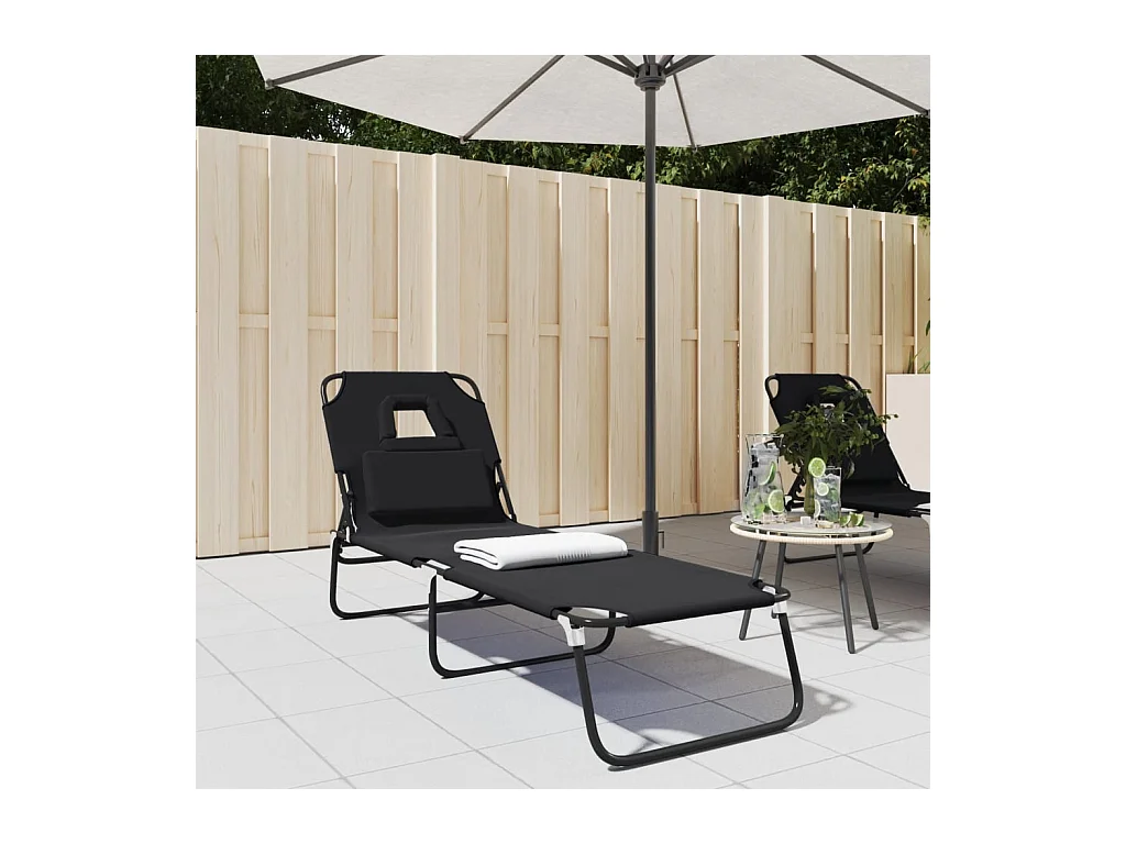Chaise longue pliante noir tissu oxford acier enduit de poudre