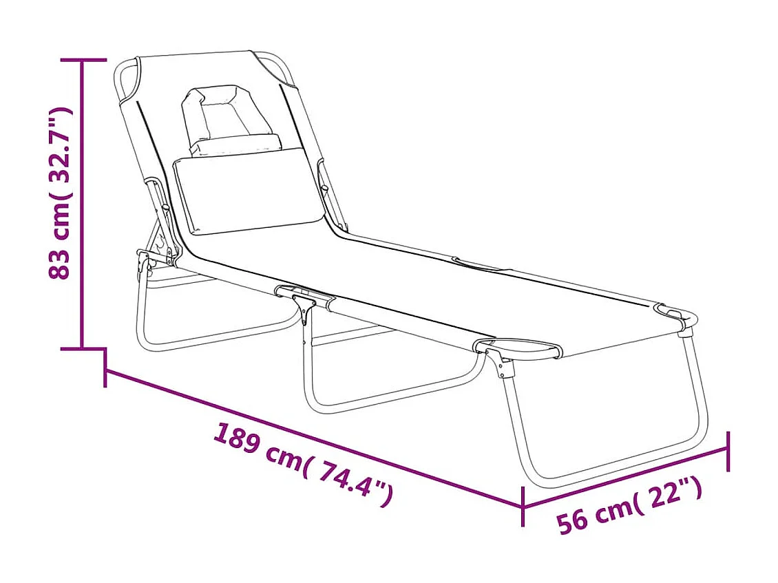 Chaise longue pliante noir tissu oxford acier enduit de poudre