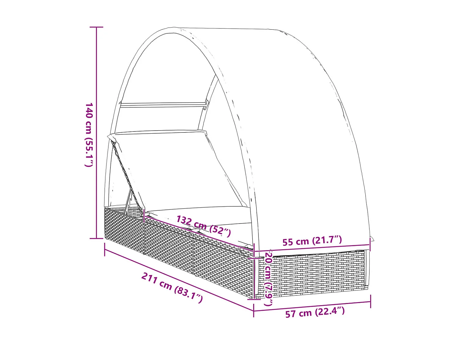 Lettino con Tetto Rotondo Grigio 211x57x140 cm Polyrattan
