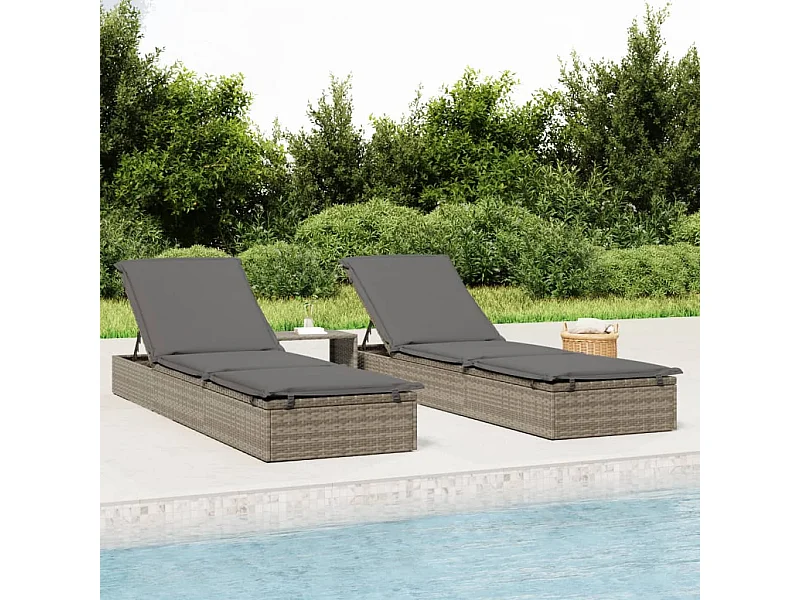 Transats 2 pcs avec table gris résine tressée