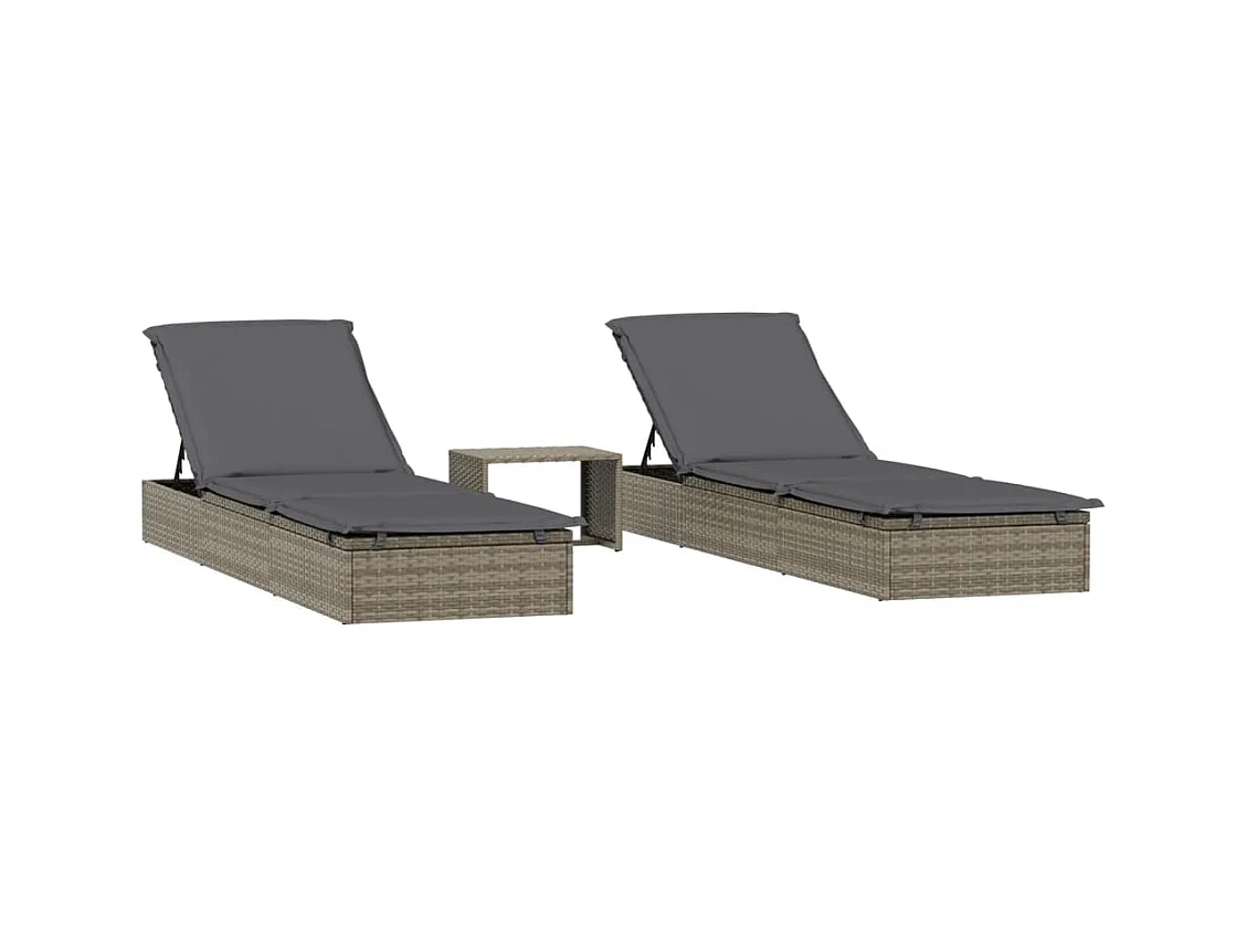 Sonnenliegen 2 Stk. mit Tisch Grau Poly Rattan