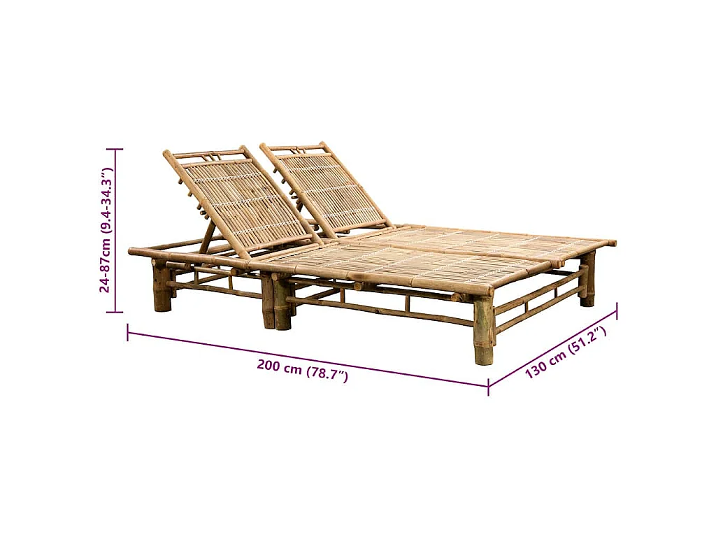 Chaise longue pour 2 personnes avec coussins Bambou