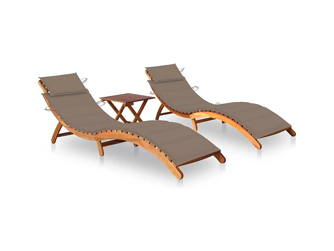 Sonnenliegen 2 Stk. mit Tisch und Auflagen Massivholz Akazie