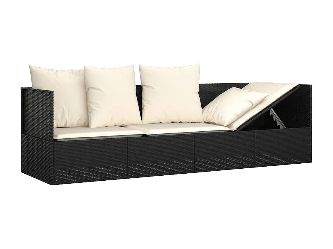 Loungebed met kussens poly rattan zwart