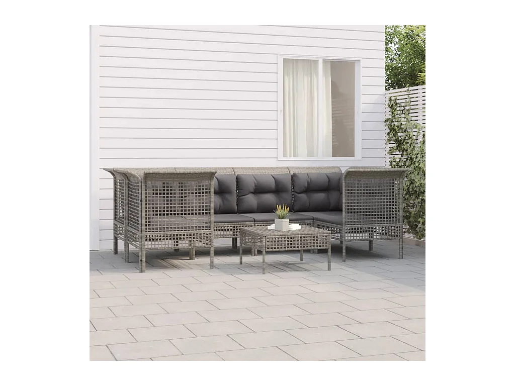 Salon de jardin 7 pcs avec coussins Gris Résine tressée