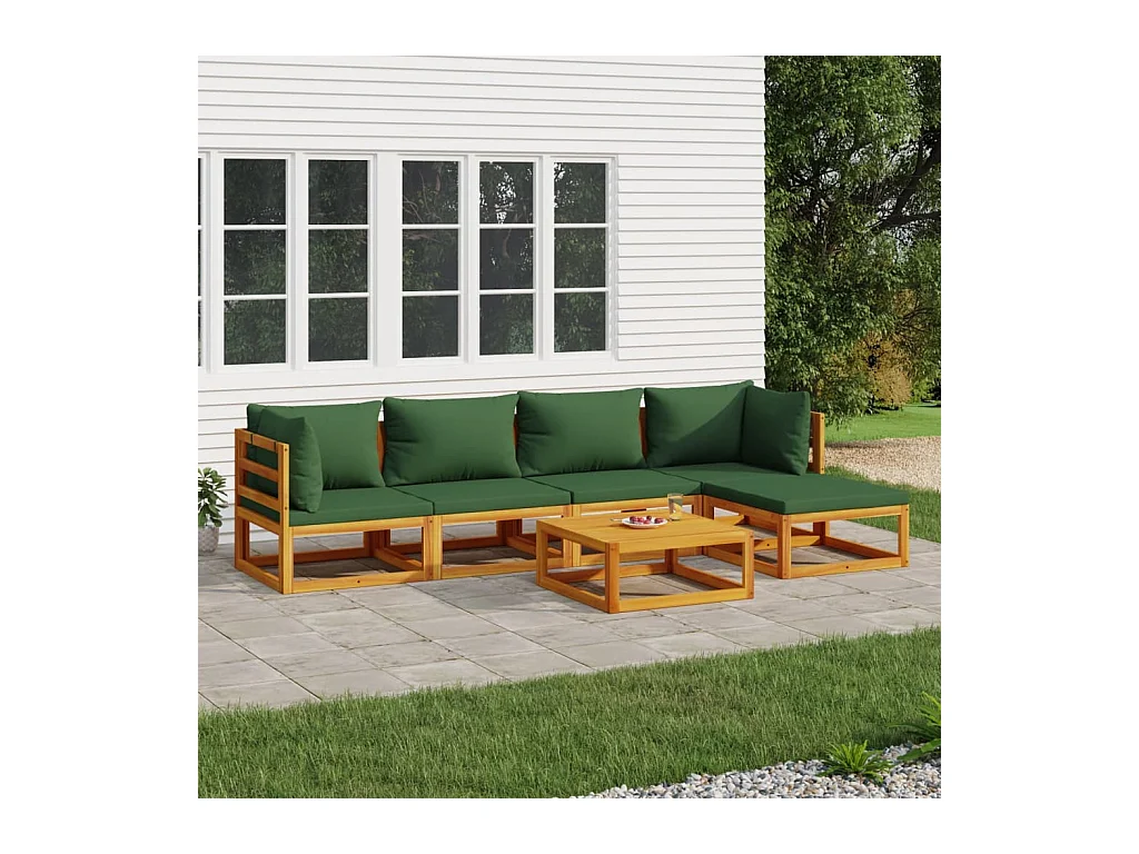 6-delige Loungeset met groene kussens massief hout
