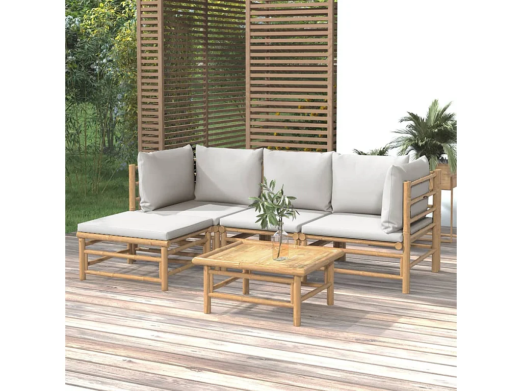 Salon de jardin 5 pcs avec coussins gris clair bambou