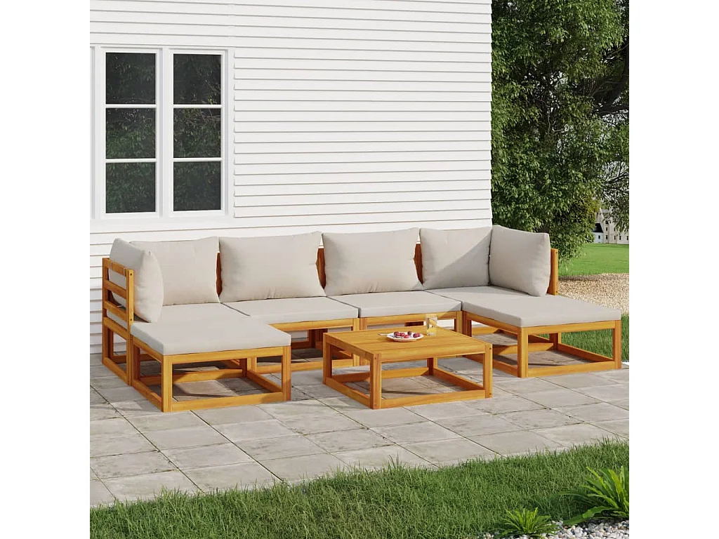 7-delige Loungeset met lichtgrijze kussens massief hout