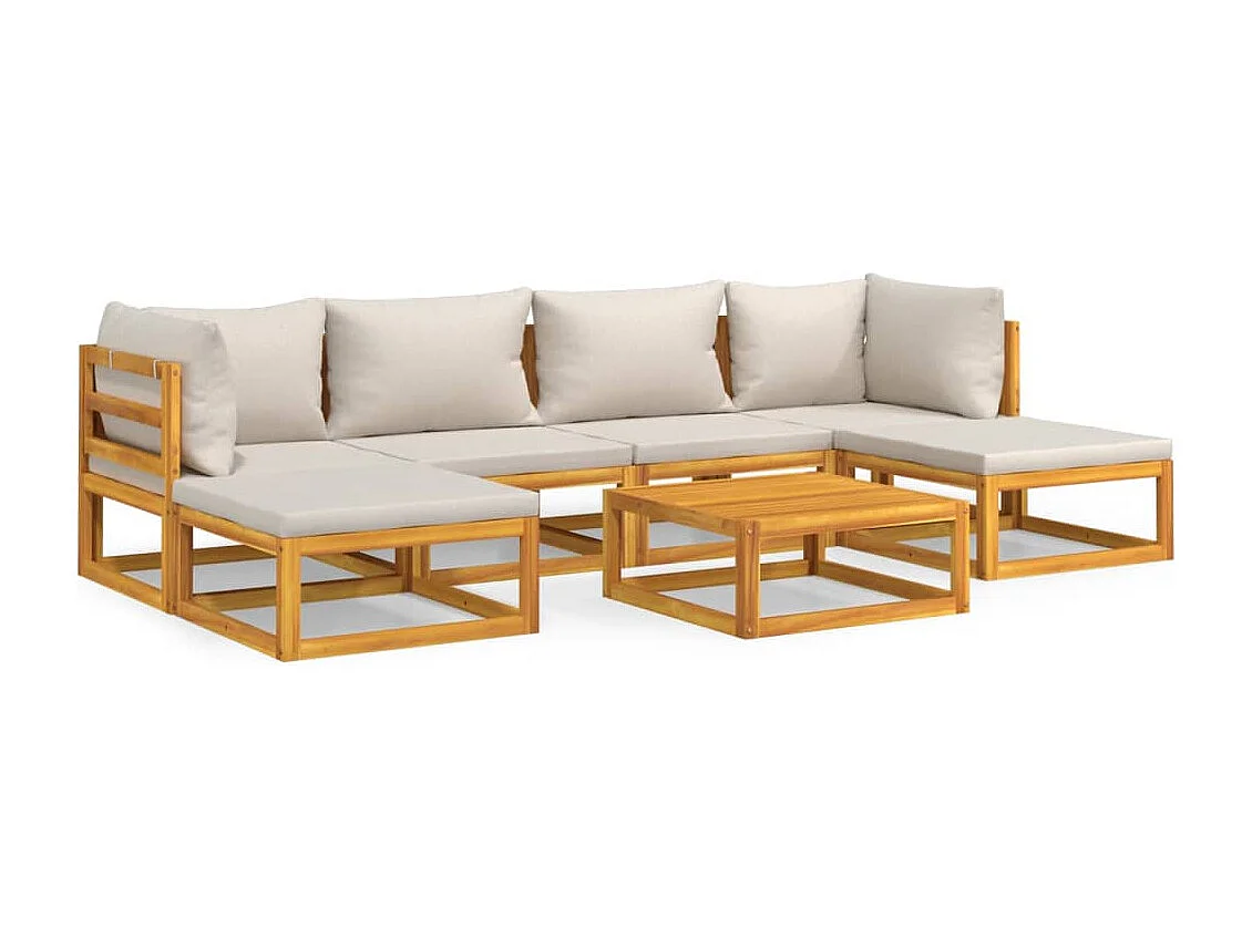 7-delige Loungeset met lichtgrijze kussens massief hout