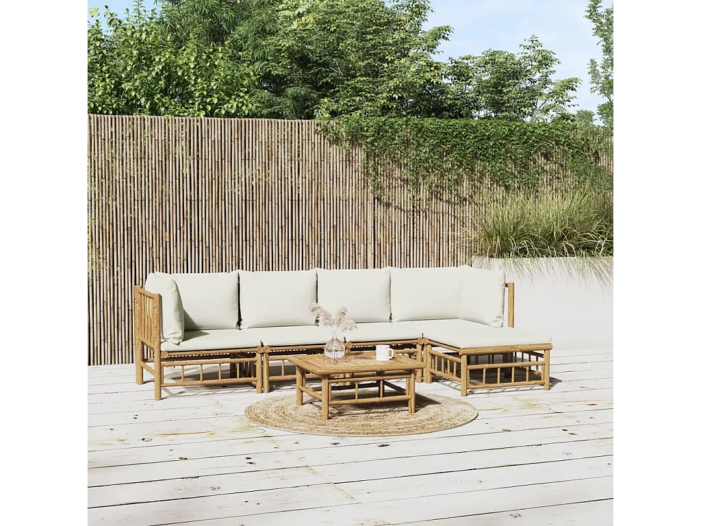 6-tlg. Garten-Lounge-Set mit Cremeweißen Kissen Bambus