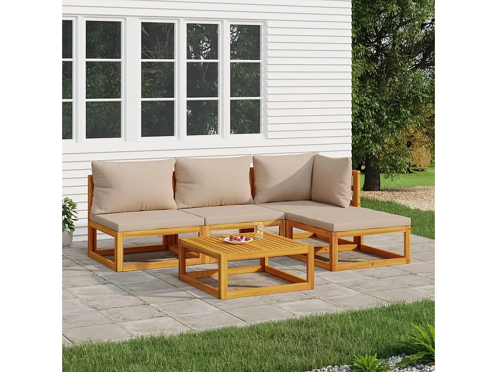 5pcs conj. lounge jardim madeira c/almofadões cinza-acastanhado