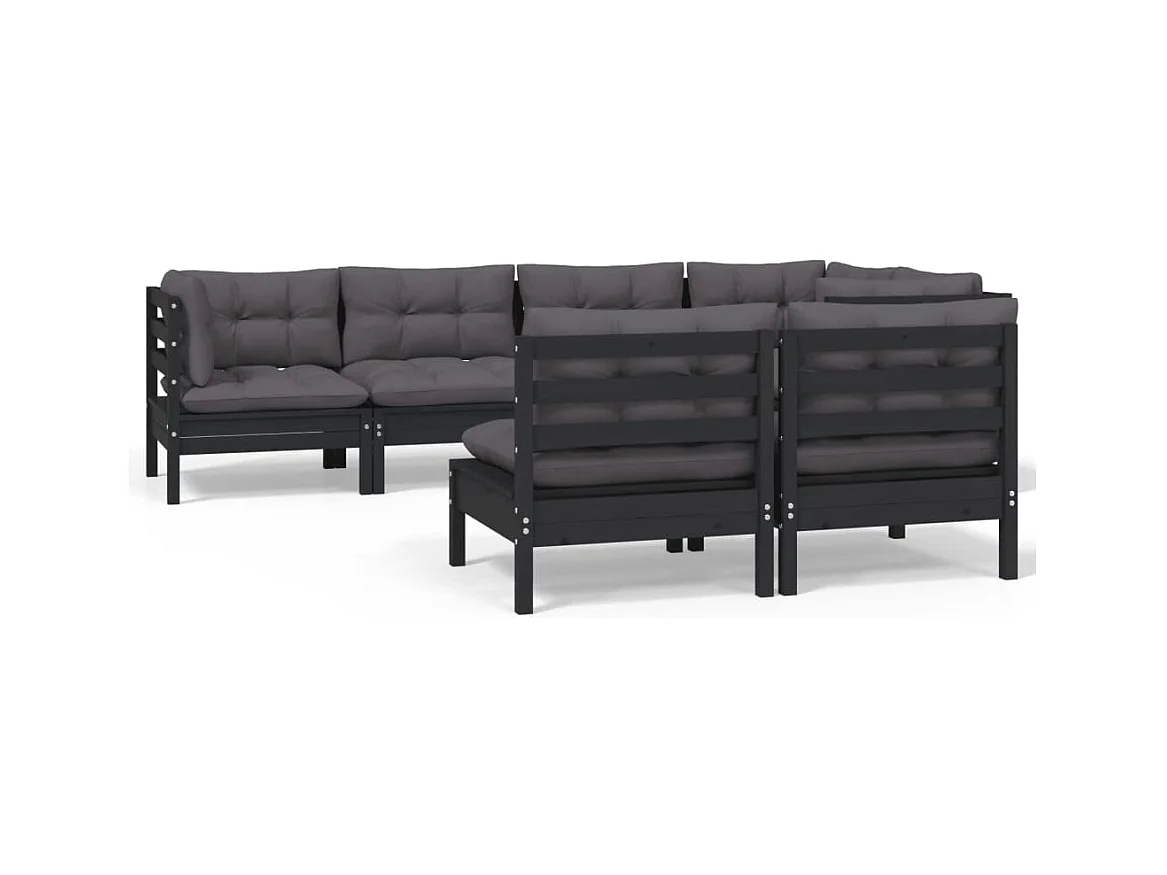 Set Divani da Giardino 7 pz con Cuscini Neri Massello di Pino