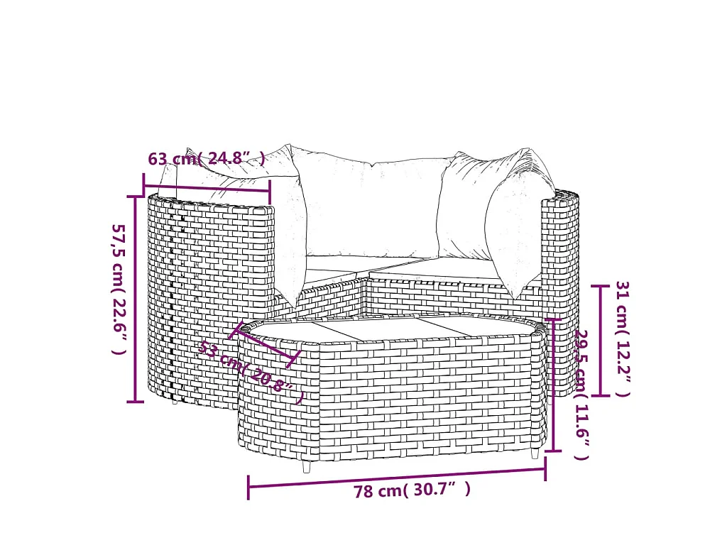 Set muebles de jardín 4 piezas y cojines ratán sintético marrón