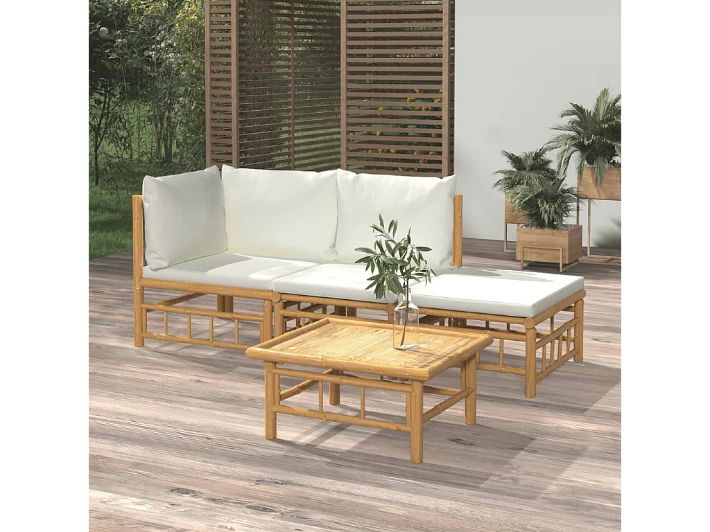 4-tlg. Garten-Lounge-Set mit Cremeweißen Kissen Bambus