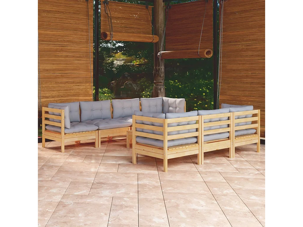Salon de jardin 8 pcs avec coussins gris Bois de pin massif
