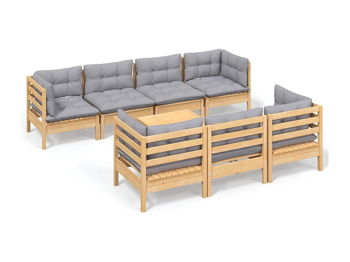 Salon de jardin 8 pcs avec coussins gris Bois de pin massif
