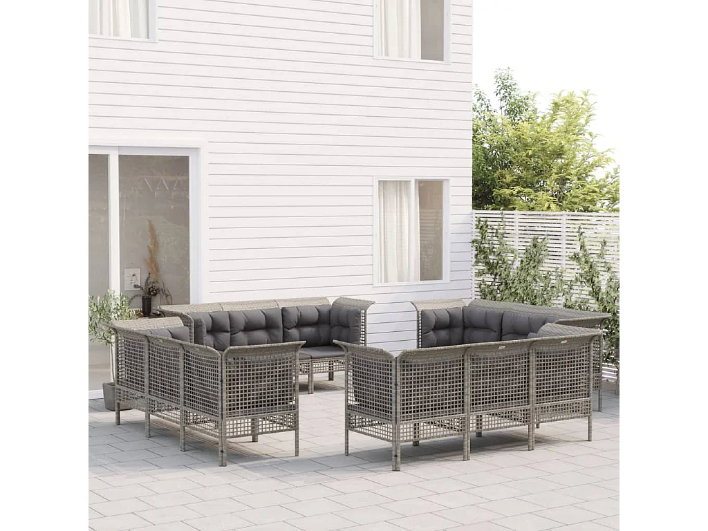 Set Divani da Giardino 12 pz con Cuscini in Polyrattan Grigio