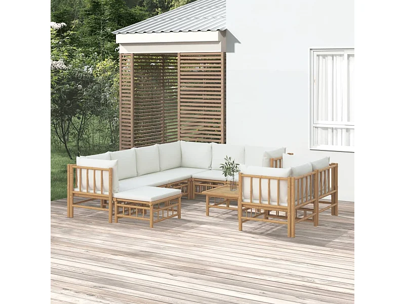 10-tlg. Garten-Lounge-Set mit Cremeweißen Kissen Bambus