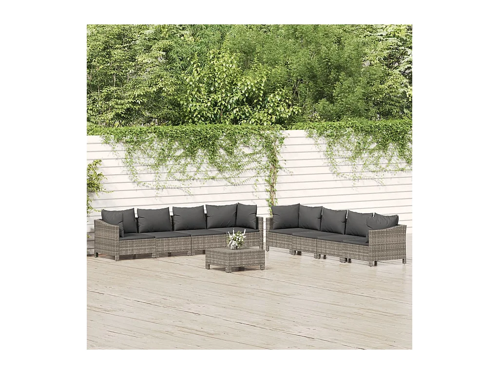 9-tlg. Garten-Lounge-Set mit Kissen Grau Poly Rattan